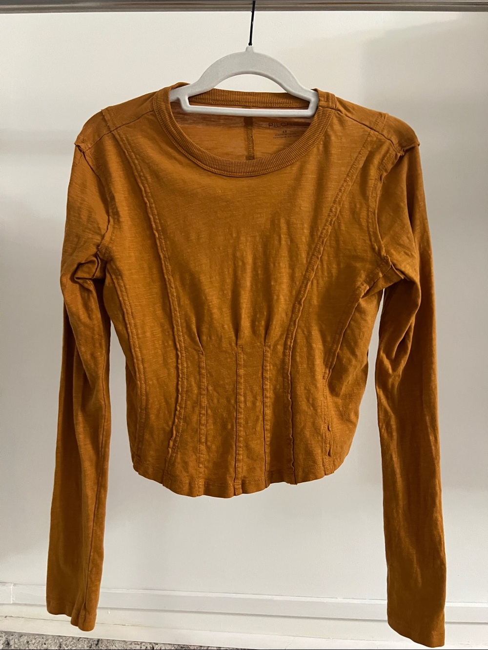 Pilcro Long-Sleeve Crewneck Top in Mustard Brown